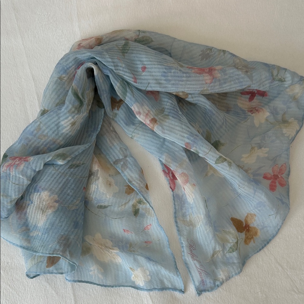 Ralph Lauren Airy Pale Blue Floral Sheer Women's Scarf Handkerchief